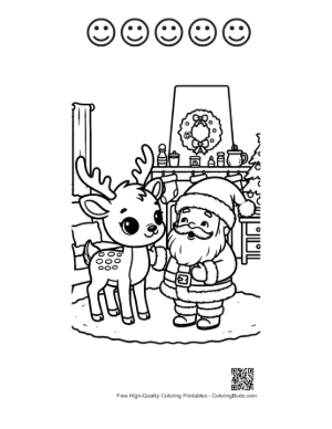 Thumbnail: Reindeer Calf Standing Next to Santa with His Toy Sack Christmas Eve Coloring Printable and 5 Happy Face Outline