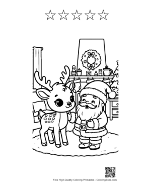 Thumbnail: Reindeer Calf Standing Next to Santa with His Toy Sack Christmas Eve Coloring Printable and 5 Star Outline
