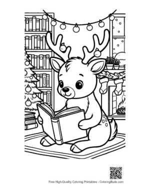 Thumbnail: Reindeer Sitting on the Floor Reading a Christmas Story Winter Coloring Page Printable