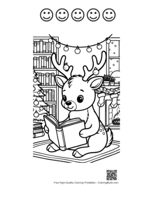 Thumbnail: Reindeer Sitting on the Floor Reading a Christmas Story Winter Coloring Page Printable and 5 Happy Face Outline