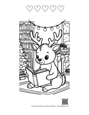Thumbnail: Reindeer Sitting on the Floor Reading a Christmas Story Winter Coloring Page Printable and 5 Heart Outline