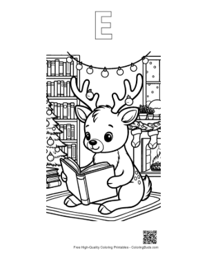 Thumbnail: Reindeer Sitting on the Floor Reading a Christmas Story Winter Coloring Page Printable Outline Alphabet E