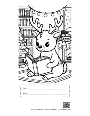 Thumbnail: Reindeer Sitting on the Floor Reading a Christmas Story Winter Coloring Page Printable with Title and Artist Box