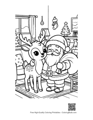 Thumbnail: Santa Claus and a Small Reindeer Sharing Gifts Winter Holiday Coloring Sheet Printable