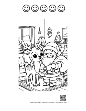 Thumbnail: Santa Claus and a Small Reindeer Sharing Gifts Winter Holiday Coloring Sheet Printable and 5 Happy Face Outline