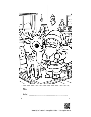 Thumbnail: Santa Claus and a Small Reindeer Sharing Gifts Winter Holiday Coloring Sheet Printable with Title and Artist Box