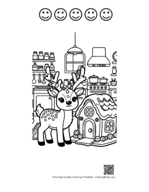 Thumbnail: Small Reindeer Standing Next to a Sweet Gingerbread Cottage Holiday Coloring Printable and 5 Happy Face Outline