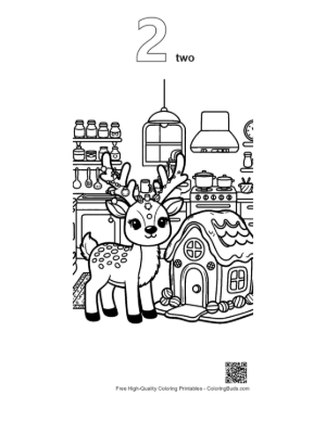 Thumbnail: Small Reindeer Standing Next to a Sweet Gingerbread Cottage Holiday Coloring Printable Outline Number 2