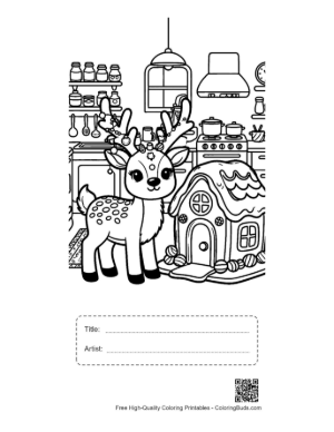 Thumbnail: Small Reindeer Standing Next to a Sweet Gingerbread Cottage Holiday Coloring Printable with Title and Artist Box