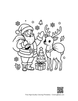 Thumbnail: Happy Santa Claus Pointing at a Reindeer in a Winter Landscape Festive Coloring Sheet Printable