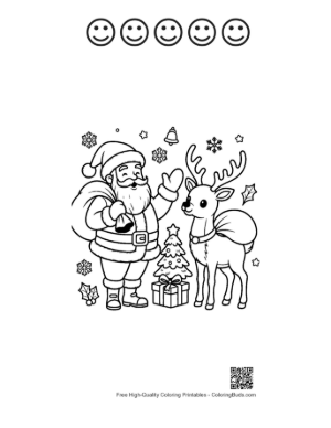 Thumbnail: Happy Santa Claus Pointing at a Reindeer in a Winter Landscape Festive Coloring Sheet Printable and 5 Happy Face Outline
