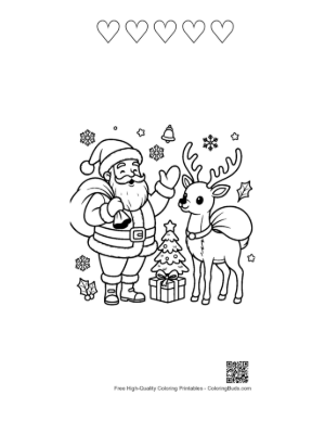 Thumbnail: Happy Santa Claus Pointing at a Reindeer in a Winter Landscape Festive Coloring Sheet Printable and 5 Heart Outline
