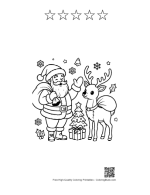 Thumbnail: Happy Santa Claus Pointing at a Reindeer in a Winter Landscape Festive Coloring Sheet Printable and 5 Star Outline