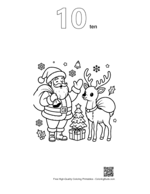 Thumbnail: Happy Santa Claus Pointing at a Reindeer in a Winter Landscape Festive Coloring Sheet Printable Outline Number 10