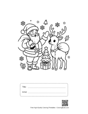 Thumbnail: Happy Santa Claus Pointing at a Reindeer in a Winter Landscape Festive Coloring Sheet Printable with Title and Artist Box
