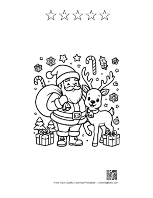 Thumbnail: Santa Claus and His Reindeer Friend with a Sack of Toys Holiday Coloring Sheet Printable and 5 Star Outline
