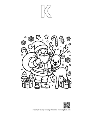 Thumbnail: Santa Claus and His Reindeer Friend with a Sack of Toys Holiday Coloring Sheet Printable Outline Alphabet K