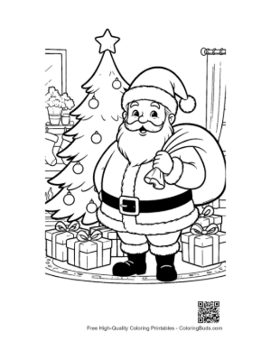 Thumbnail: Santa Claus Carrying a Heavy Sack of Toys by the Christmas Tree Festive Coloring Printable