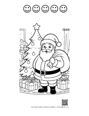 Thumbnail: Santa Claus Carrying a Heavy Sack of Toys by the Christmas Tree Festive Coloring Printable and 5 Happy Face Outline