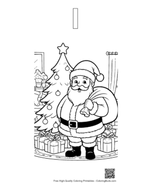 Thumbnail: Santa Claus Carrying a Heavy Sack of Toys by the Christmas Tree Festive Coloring Printable Outline Alphabet I