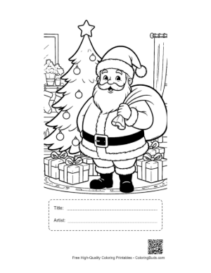 Thumbnail: Santa Claus Carrying a Heavy Sack of Toys by the Christmas Tree Festive Coloring Printable with Title and Artist Box