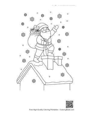 Thumbnail: Santa Claus Climbing Down a Chimney on a Snowy Roof Christmas Night Coloring Printable