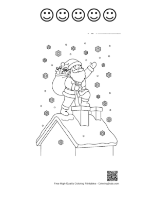Thumbnail: Santa Claus Climbing Down a Chimney on a Snowy Roof Christmas Night Coloring Printable and 5 Happy Face Outline
