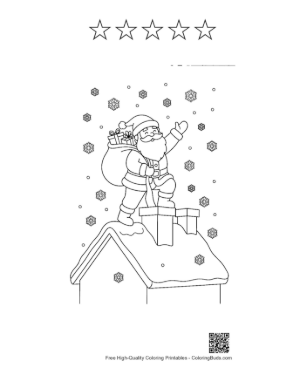 Thumbnail: Santa Claus Climbing Down a Chimney on a Snowy Roof Christmas Night Coloring Printable and 5 Star Outline