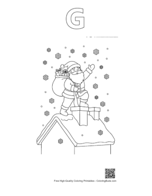 Thumbnail: Santa Claus Climbing Down a Chimney on a Snowy Roof Christmas Night Coloring Printable Outline Alphabet G