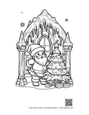 Thumbnail: Santa Claus Decorating a Tall Pine Tree in a Snowy Forest Nature Holiday Coloring Printable