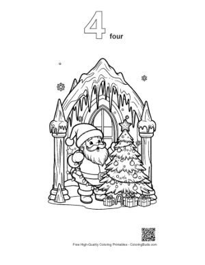 Thumbnail: Santa Claus Decorating a Tall Pine Tree in a Snowy Forest Nature Holiday Coloring Printable Outline Number 4