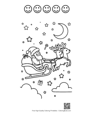 Thumbnail: Santa Claus Flying in a Sleigh Over a Winter Village Holiday Scene Coloring Sheet Printable and 5 Happy Face Outline