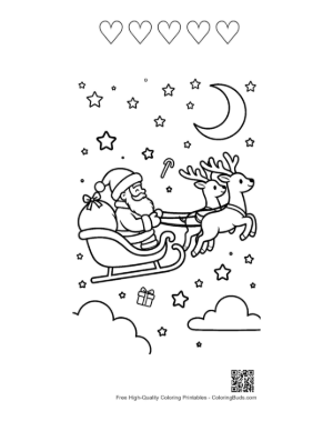 Thumbnail: Santa Claus Flying in a Sleigh Over a Winter Village Holiday Scene Coloring Sheet Printable and 5 Heart Outline