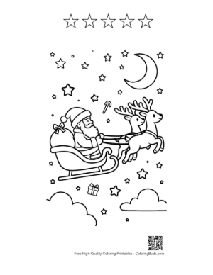 Thumbnail: Santa Claus Flying in a Sleigh Over a Winter Village Holiday Scene Coloring Sheet Printable and 5 Star Outline