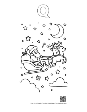 Thumbnail: Santa Claus Flying in a Sleigh Over a Winter Village Holiday Scene Coloring Sheet Printable Outline Alphabet Q