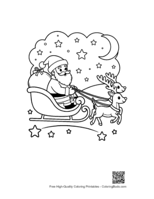 Thumbnail: Santa Claus Riding a Sleigh Pulled by Reindeer Through the Clouds Holiday Coloring Printable