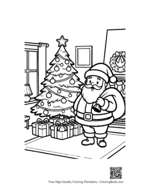 Thumbnail: Santa Claus Standing by a Festive Tree in a Cozy Home Setting Winter Coloring Printable