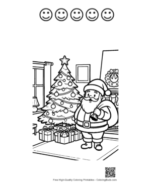 Thumbnail: Santa Claus Standing by a Festive Tree in a Cozy Home Setting Winter Coloring Printable and 5 Happy Face Outline