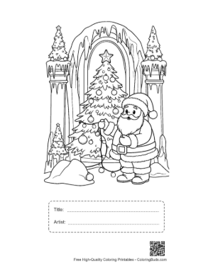 Thumbnail: Santa Claus Standing in Front of a Giant Christmas Tree in a Winter Park Outdoor Coloring Printable with Title and Artist Box