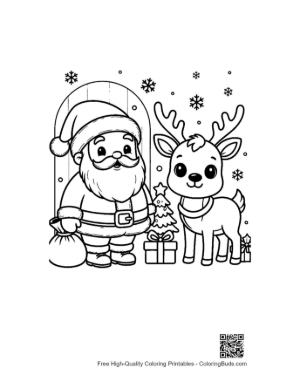 Thumbnail: Santa Claus Standing with a Cute Reindeer and a Christmas Tree Holiday Coloring Page Printable