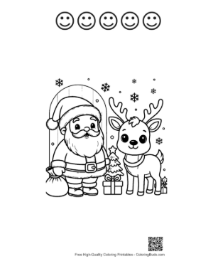 Thumbnail: Santa Claus Standing with a Cute Reindeer and a Christmas Tree Holiday Coloring Page Printable and 5 Happy Face Outline