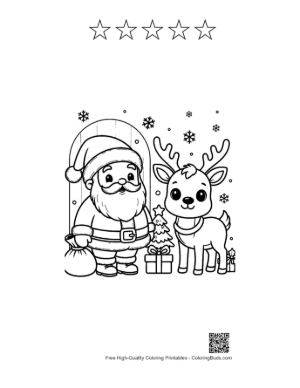 Thumbnail: Santa Claus Standing with a Cute Reindeer and a Christmas Tree Holiday Coloring Page Printable and 5 Star Outline
