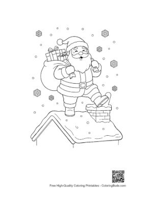 Thumbnail: Santa Claus with His Toy Bag Entering a Chimney on a Snowy House Winter Coloring Printable