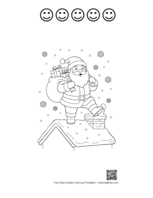 Thumbnail: Santa Claus with His Toy Bag Entering a Chimney on a Snowy House Winter Coloring Printable and 5 Happy Face Outline