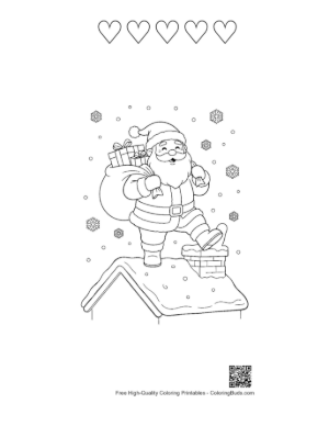 Thumbnail: Santa Claus with His Toy Bag Entering a Chimney on a Snowy House Winter Coloring Printable and 5 Heart Outline