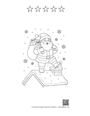 Thumbnail: Santa Claus with His Toy Bag Entering a Chimney on a Snowy House Winter Coloring Printable and 5 Star Outline