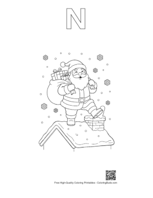 Thumbnail: Santa Claus with His Toy Bag Entering a Chimney on a Snowy House Winter Coloring Printable Outline Alphabet N