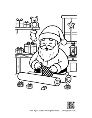 Thumbnail: Santa Claus Wrapping a Gift in His Cozy Holiday Workshop Winter Coloring Page Printable