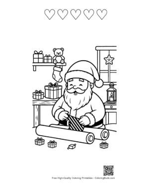 Thumbnail: Santa Claus Wrapping a Gift in His Cozy Holiday Workshop Winter Coloring Page Printable and 5 Heart Outline
