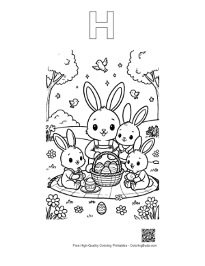 Thumbnail: Bunny Family Picnic in a Sunny Meadow Printable Outline Alphabet H